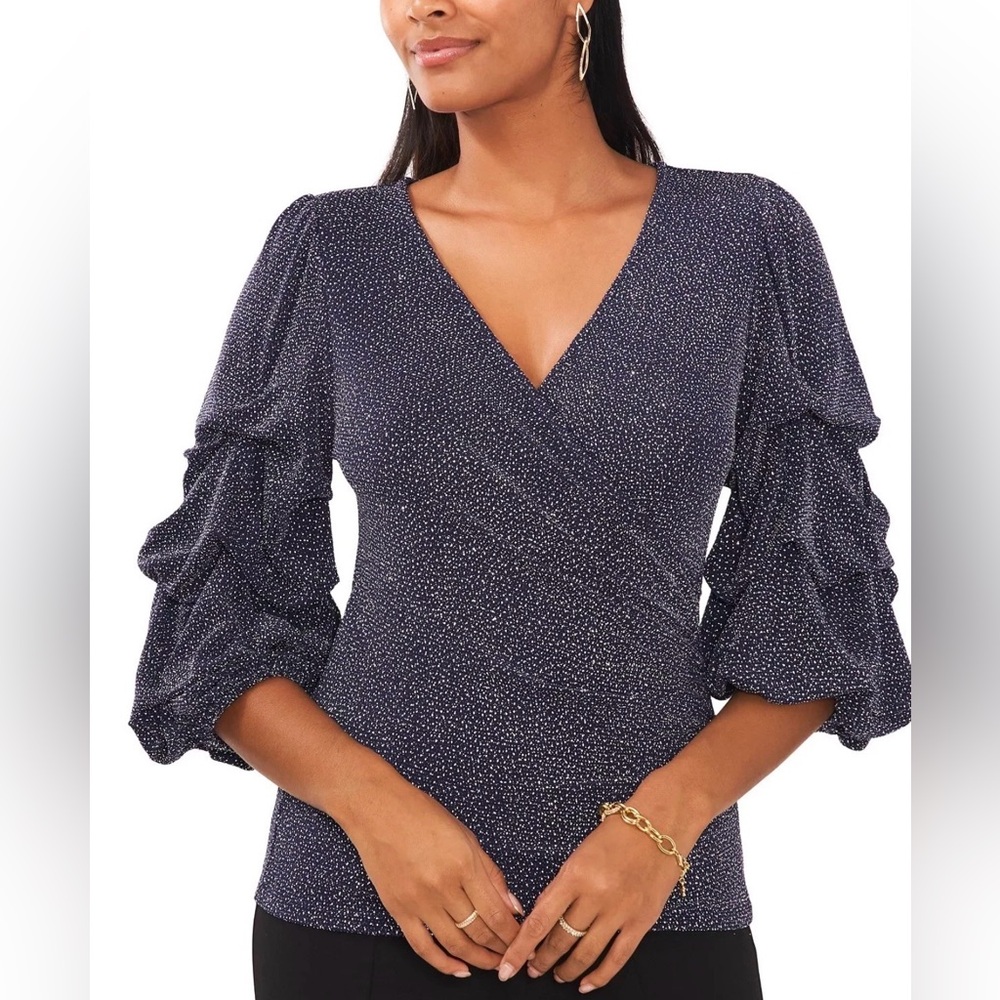 Msk Women’s Glitter-Knit Tiered-Sleeve Surplice Wrap Top, Navy Silver.R13B